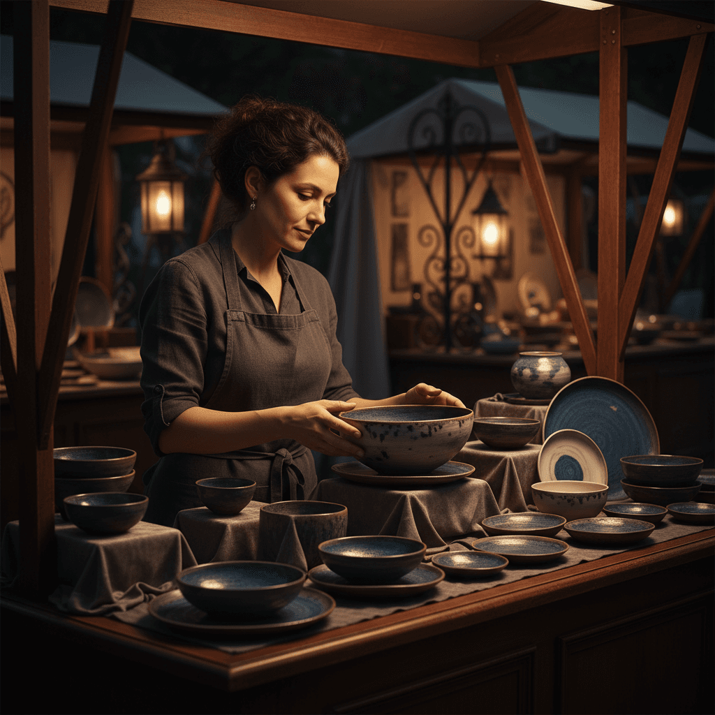 Small business vendor proudly displaying handmade products