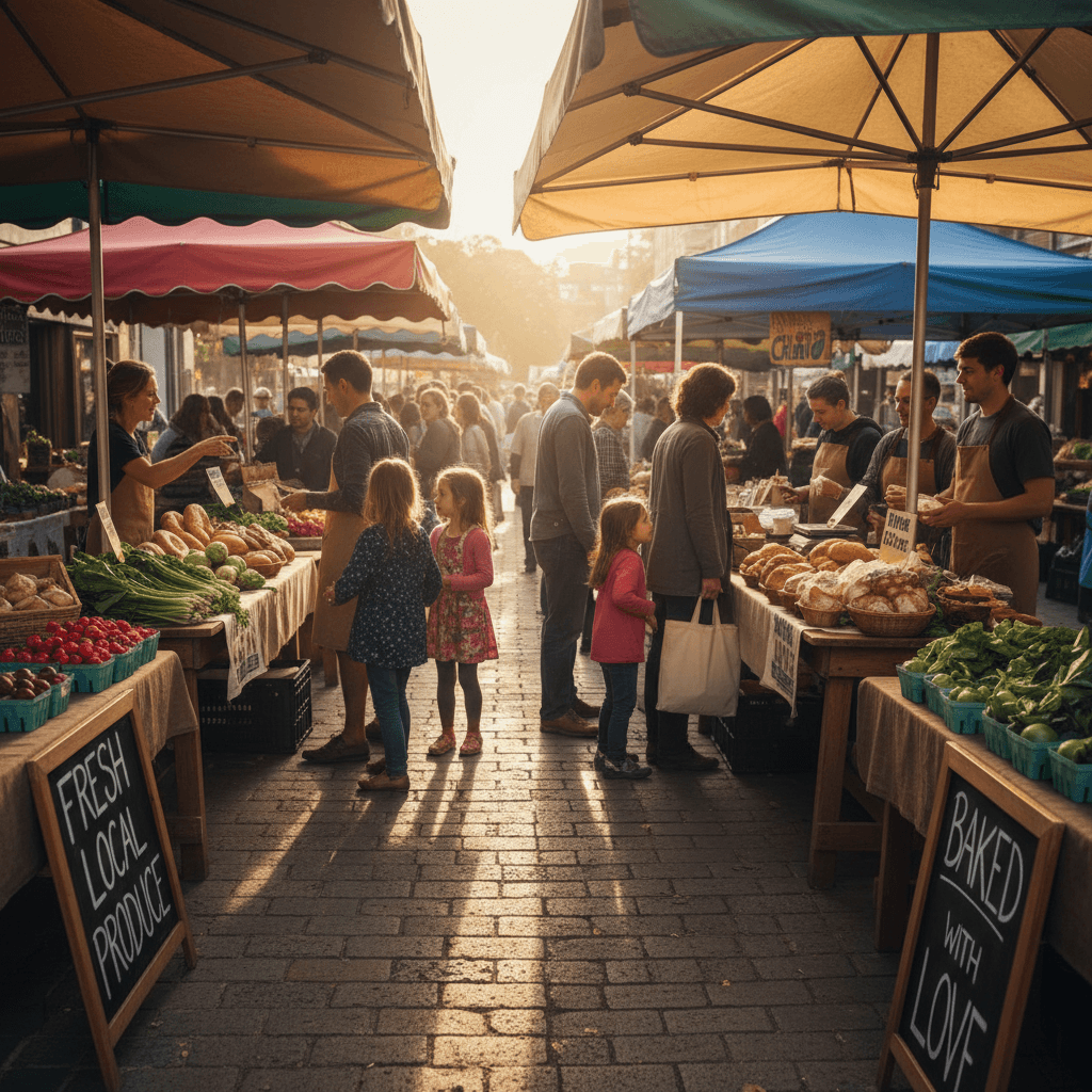 Bustling farmers market with colorful vendor booths and diverse shoppers