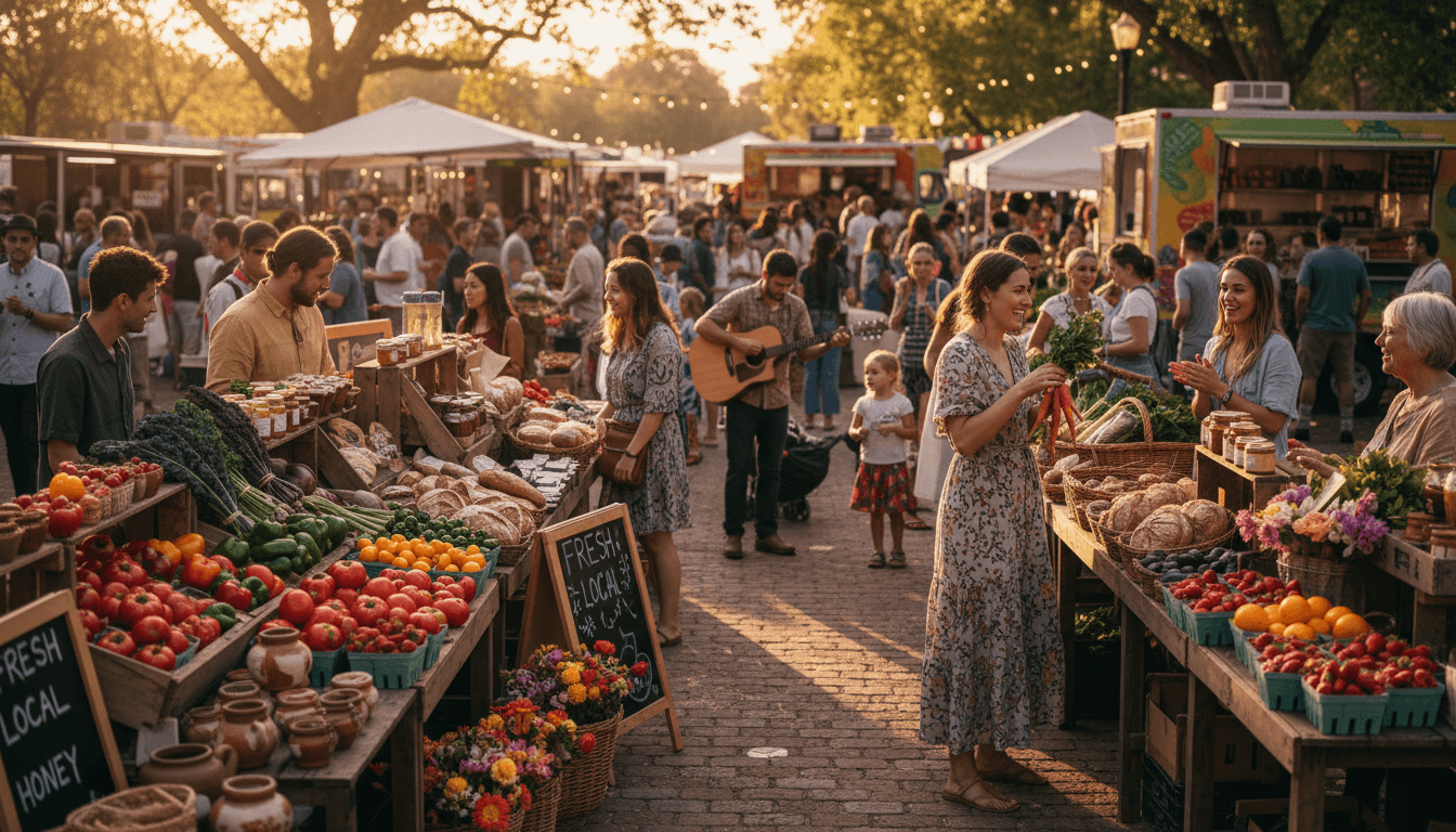 Busy farmers market with diverse vendors and shoppers browsing fresh produce and artisanal goods under warm sunlight