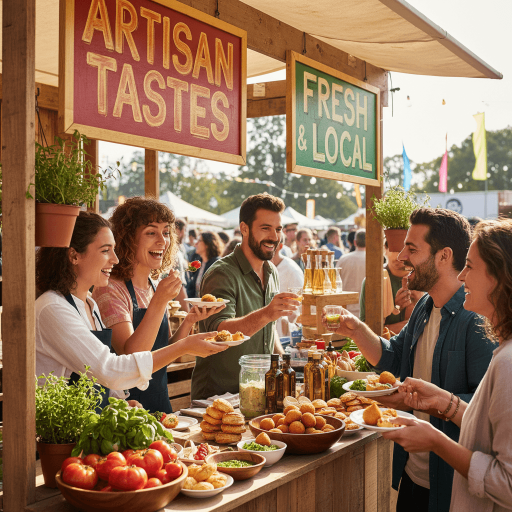 Visitors engaging with vendors and sampling artisan food at a festival