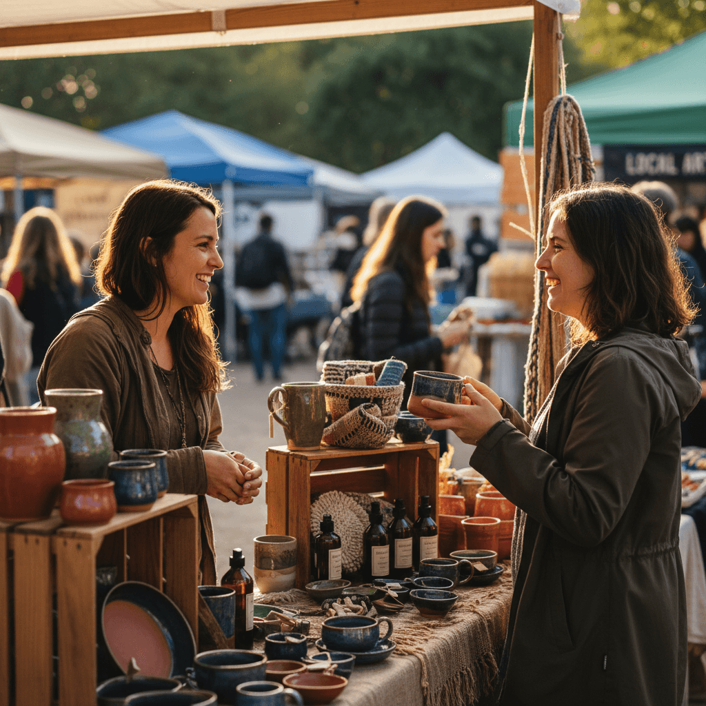 Small business vendor connecting authentically with a customer at their booth