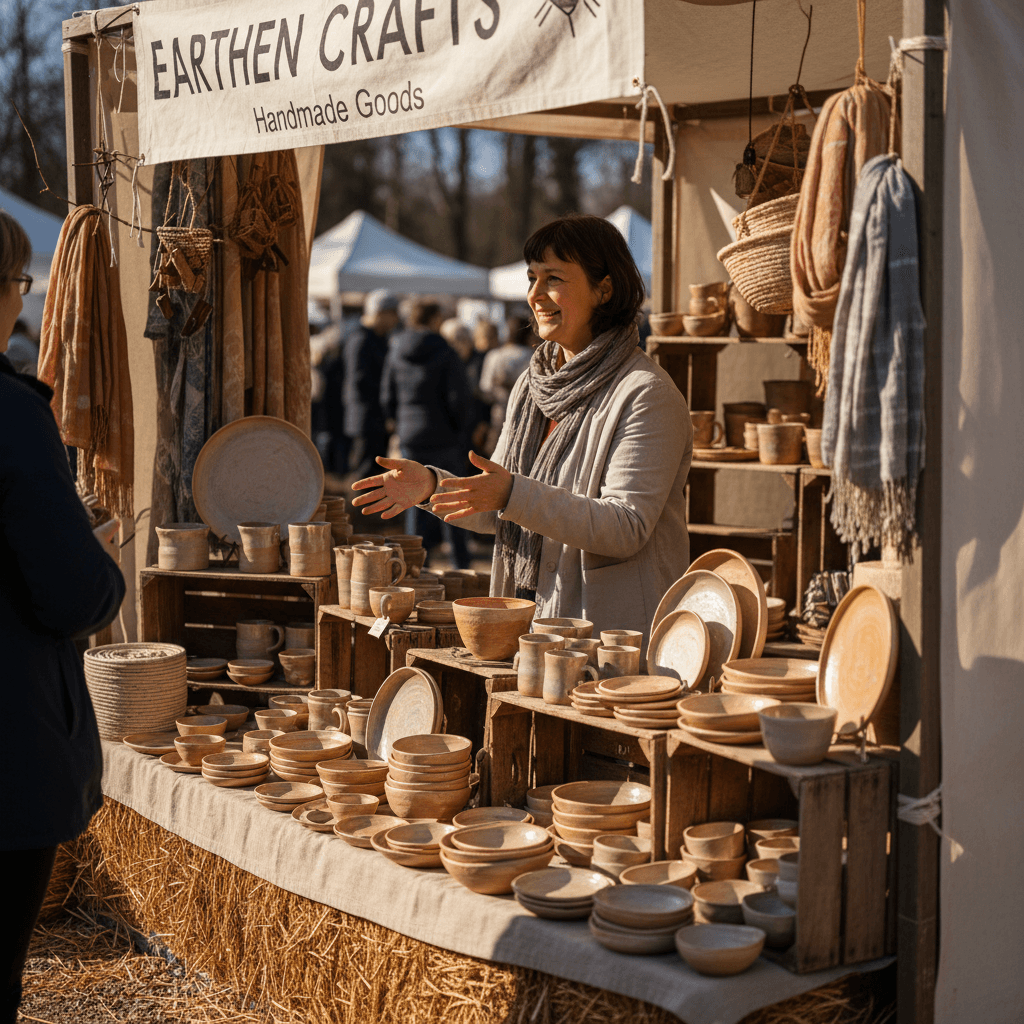 An editorial documentary aesthetic medium shot of a vendor standing behind their beautifully arranged booth display