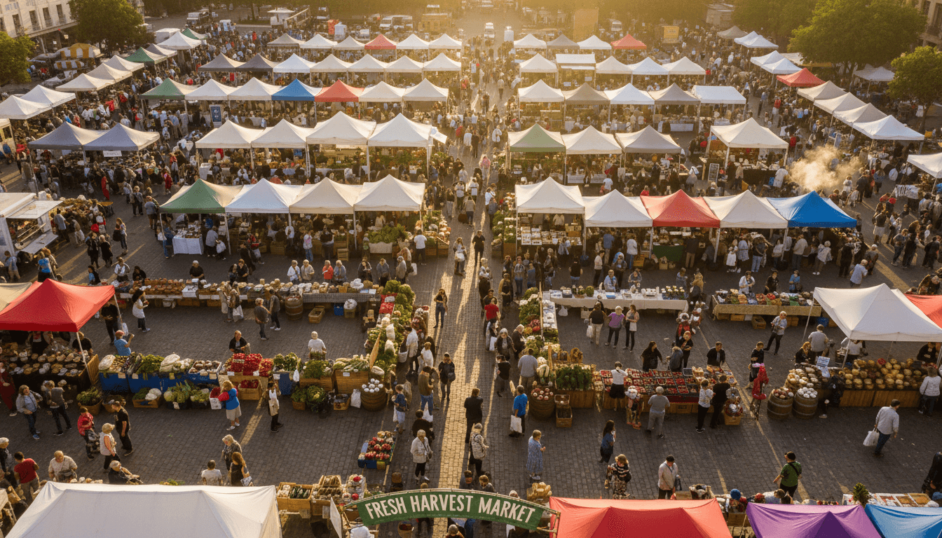 Overhead view of a vibrant community farmers market with colorful vendor booths and diverse attendees shopping