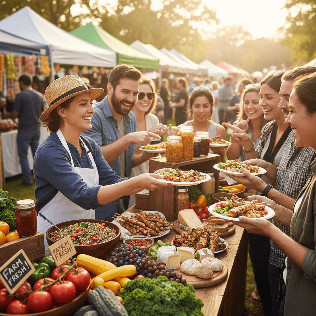 Food festival vendor serving local cuisine to engaged customers
