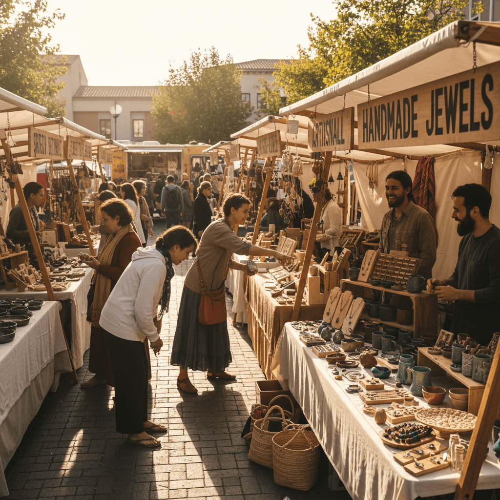 A vibrant lifestyle aesthetic wide shot of a bustling pop-up market in afternoon sunlight