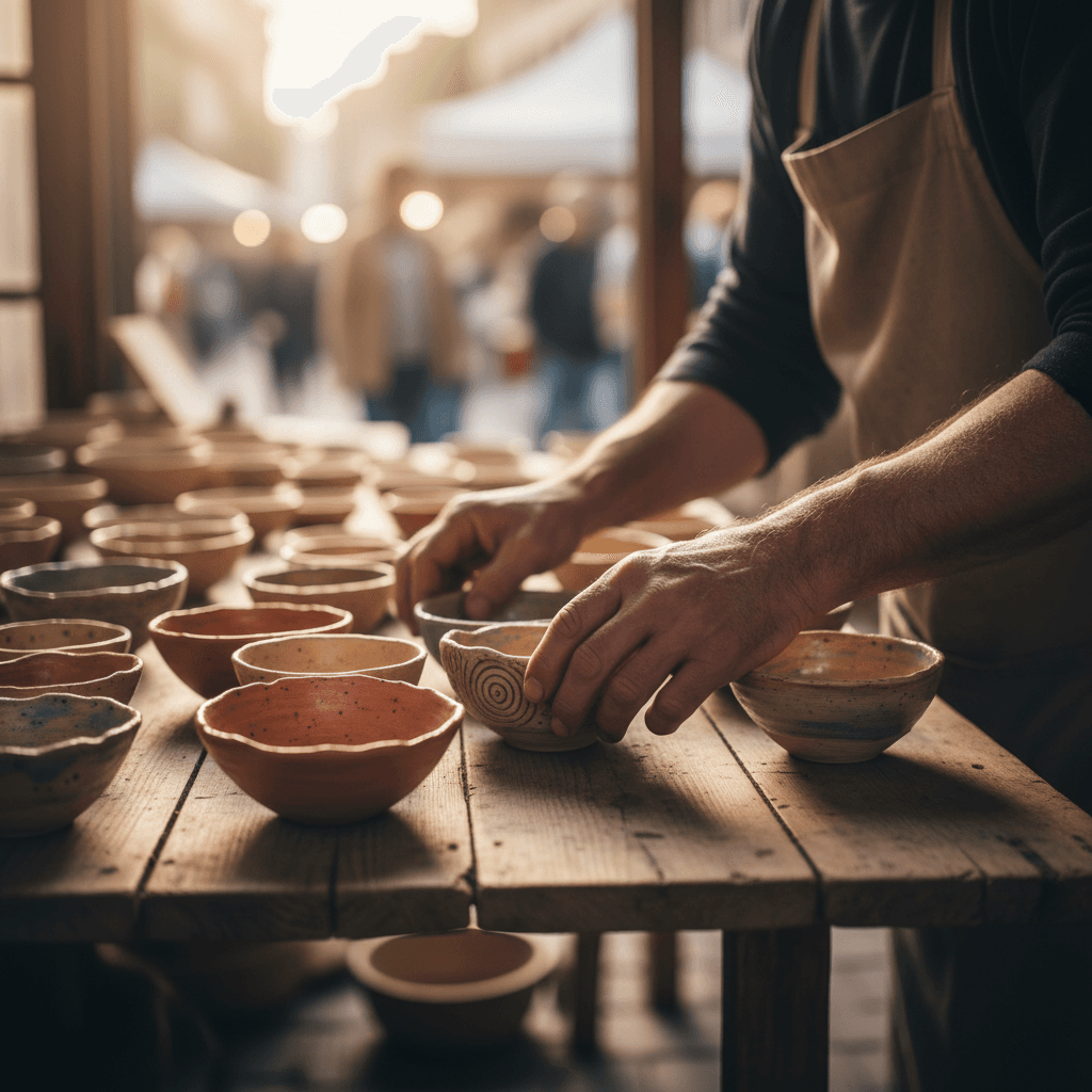 Vendor carefully arranging handmade ceramic goods at a market display