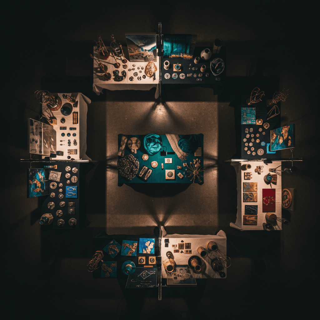 Curated artisan showcase with specialty handcrafted goods beautifully displayed