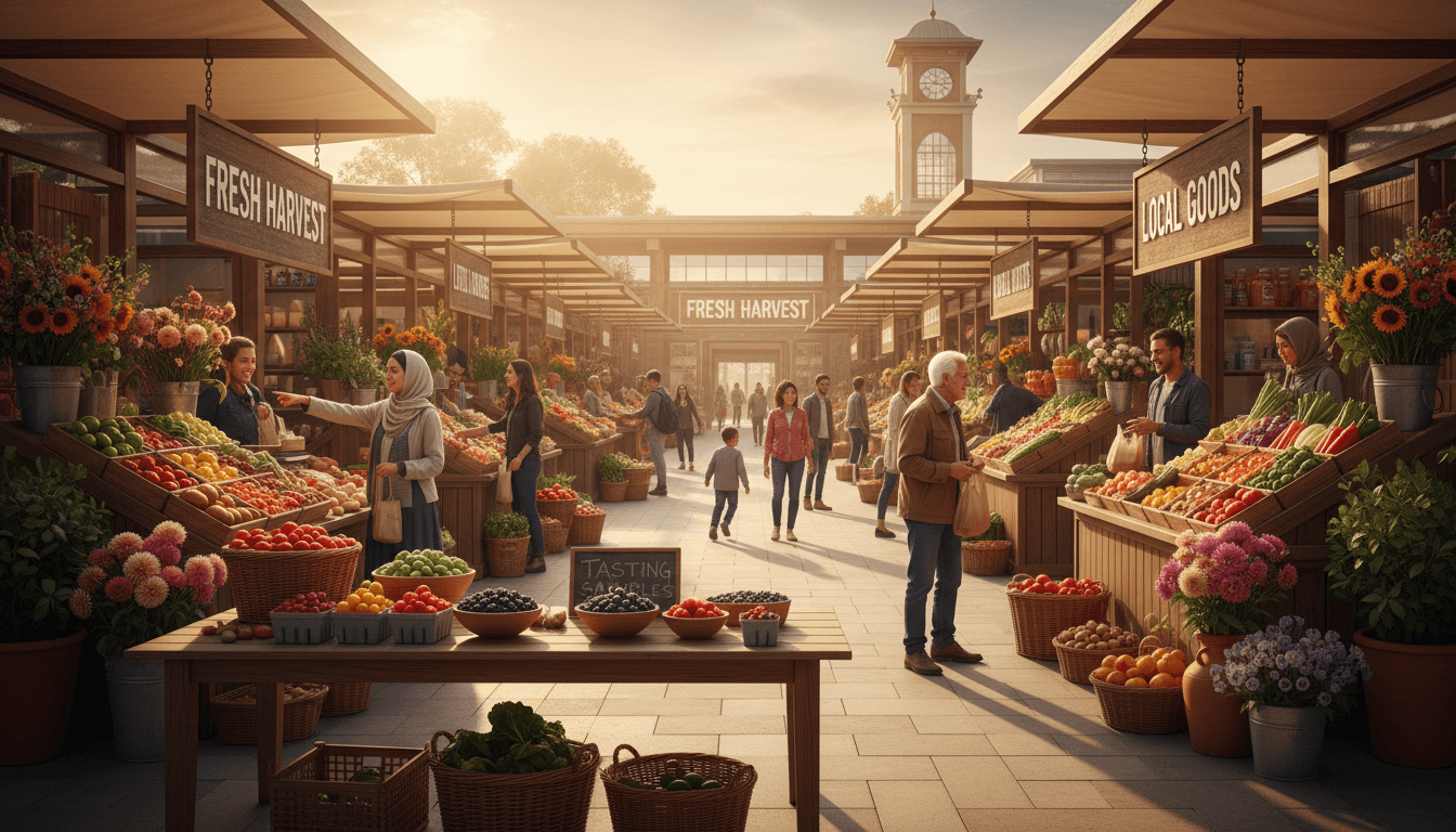 Bustling farmers market with diverse vendors and customers interacting at colorful market stalls