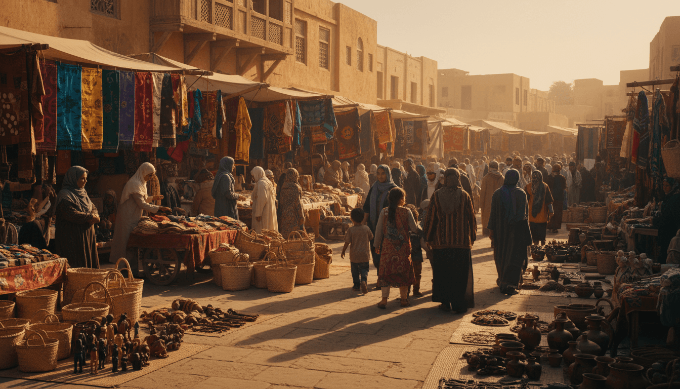 Diverse vendors and customers connecting at a vibrant pop-up market