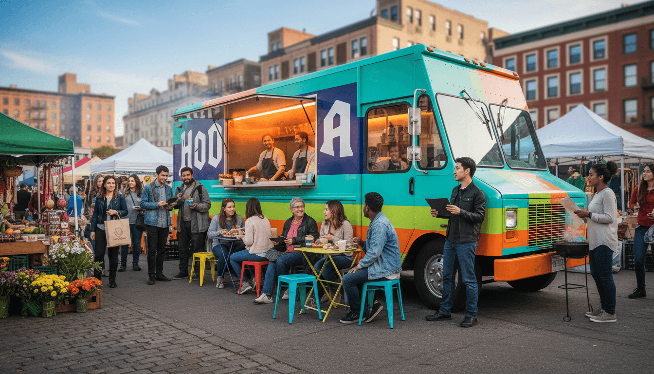Mobile food truck at busy city market with customers queuing at serving window during daytime street food service