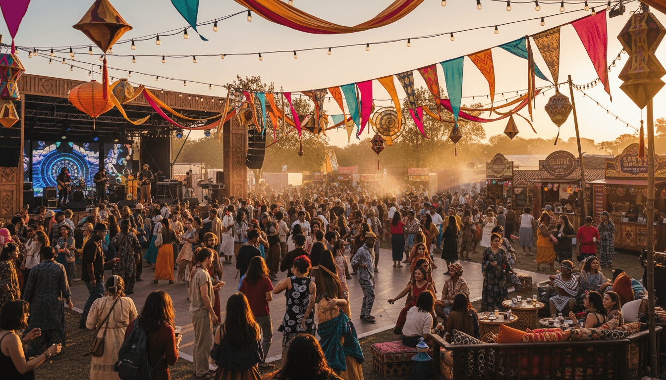 Full view of pop-up market event with vendor booths and festive atmosphere
