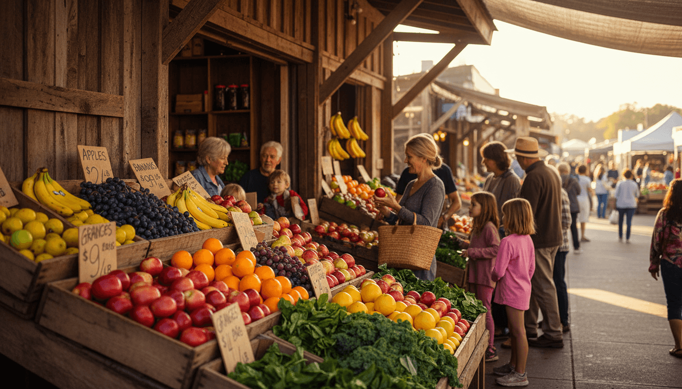 Bustling farmers market with colorful vendor stalls and diverse shoppers
