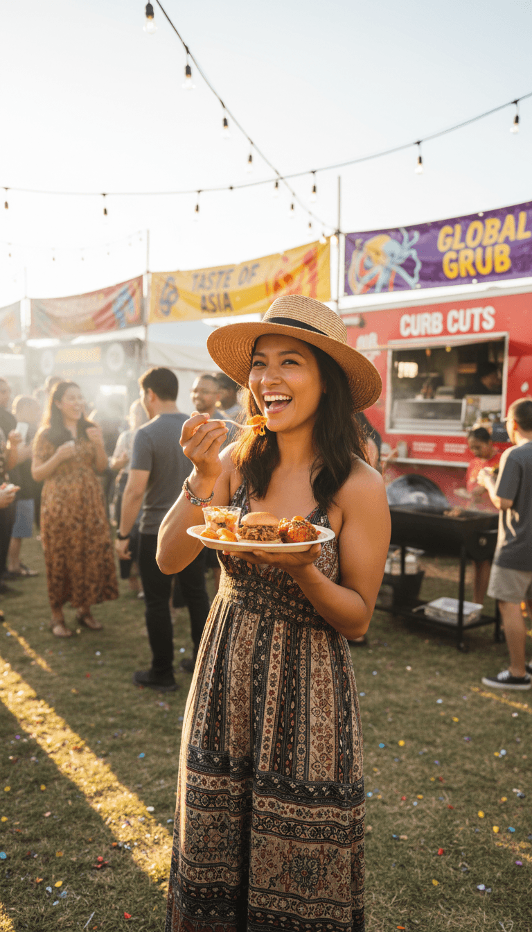 Food festival crowd enjoying samples and purchasing from vendor stations