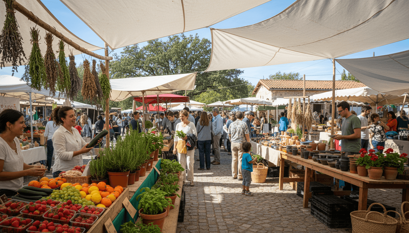 Bustling pop-up market with diverse vendors and shoppers browsing artisan goods and fresh produce under golden sunlight