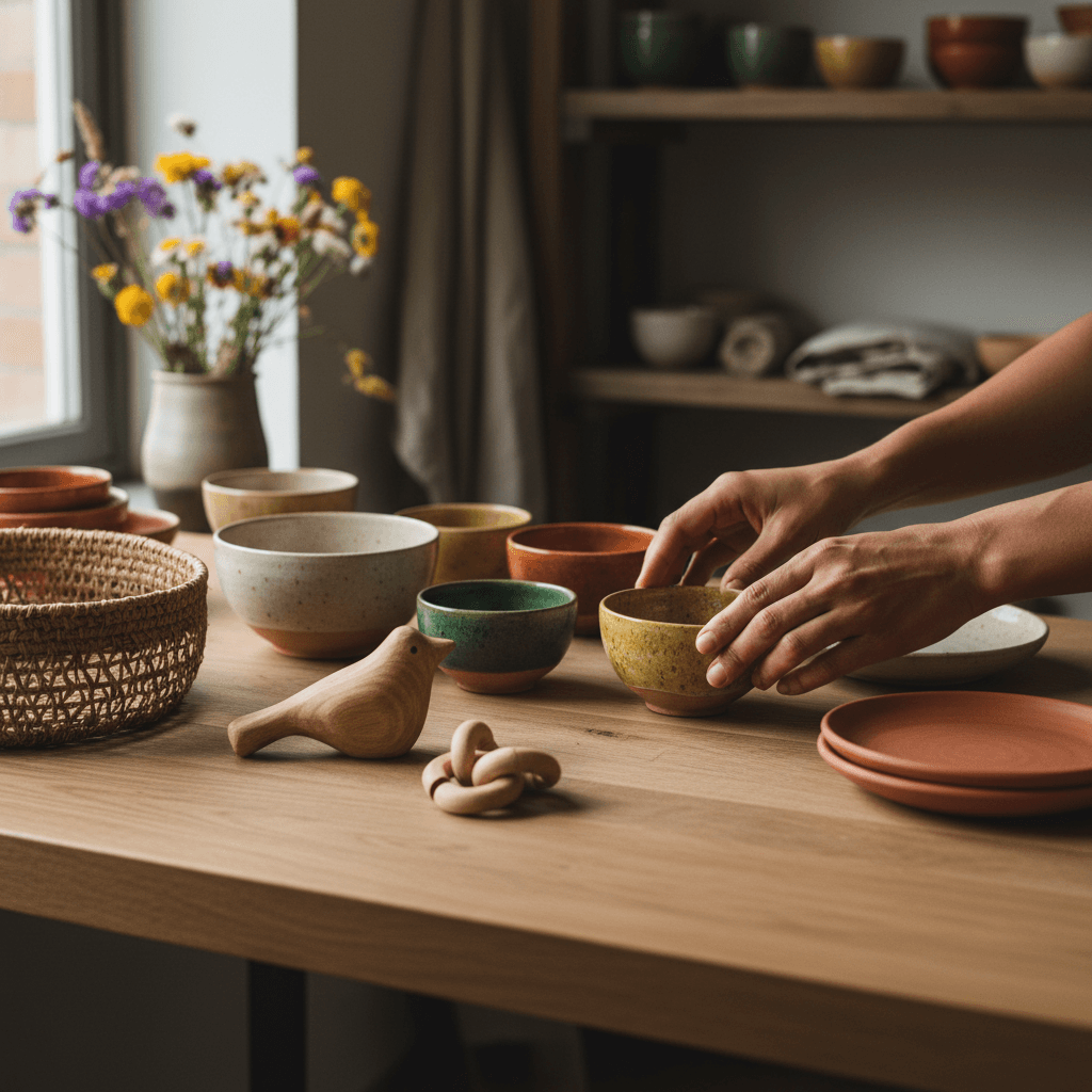 Vendor carefully displaying handmade artisan products at market stall